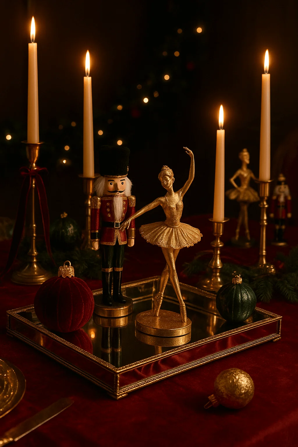 Nutcracker and ballerina Christmas centerpiece on red velvet table with gold candle holders ornaments and elegant holiday decor