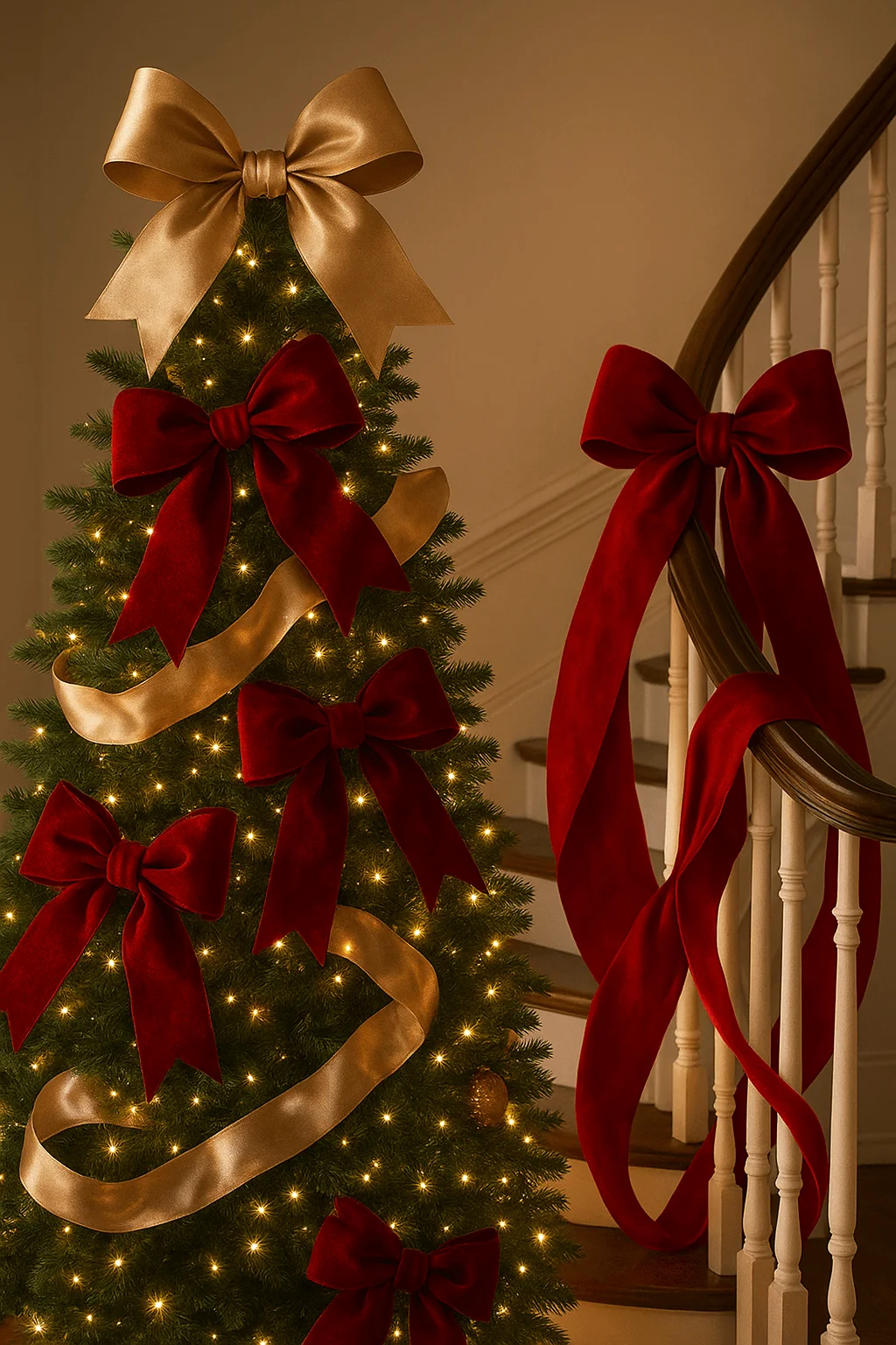 Christmas tree decorated with warm lights gold ribbon and multiple large red velvet bows beside a staircase wrapped with an oversized red velvet bow