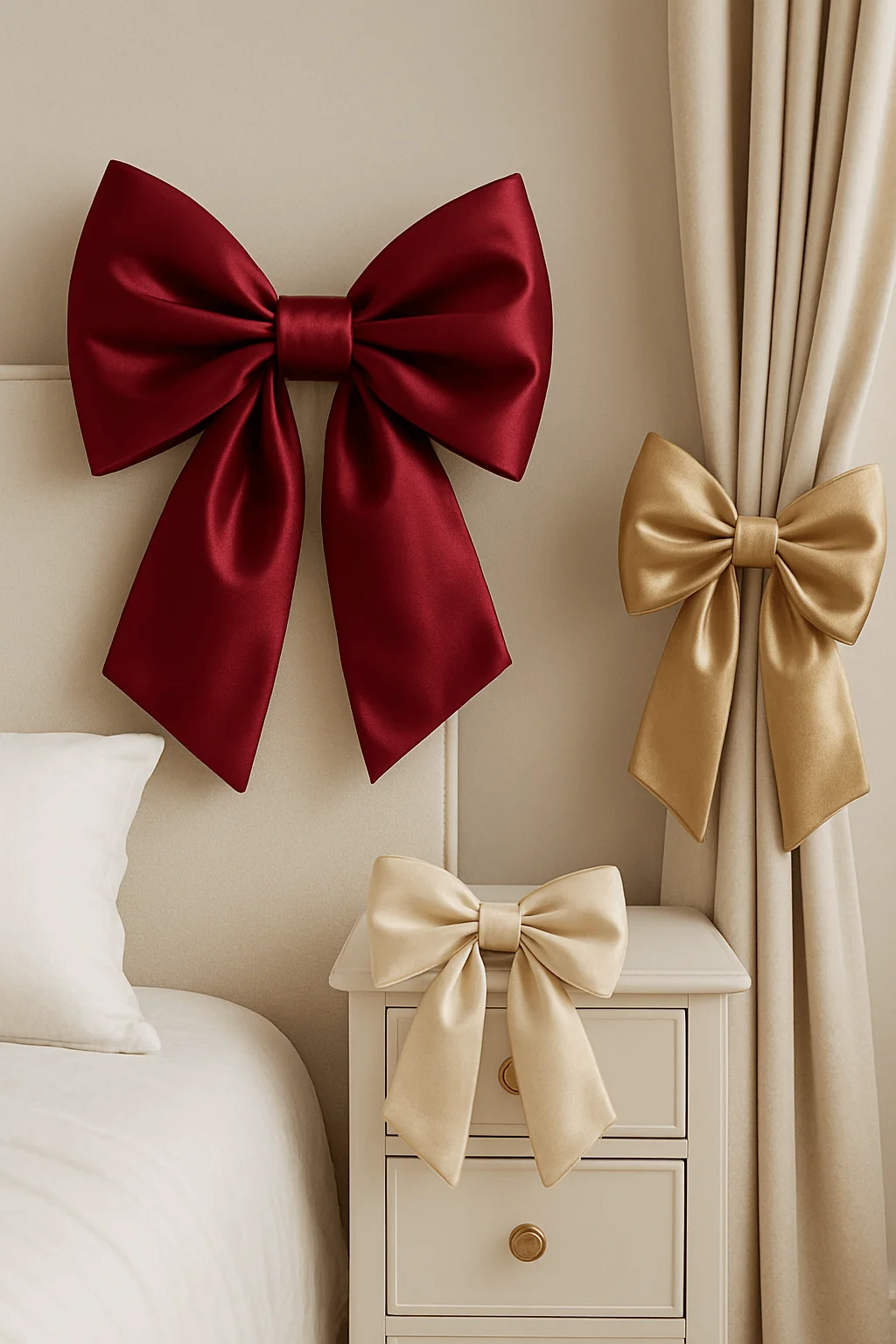 Elegant bedroom decor with large satin bows in red and gold tones used as wall and curtain decorations for a festive touch