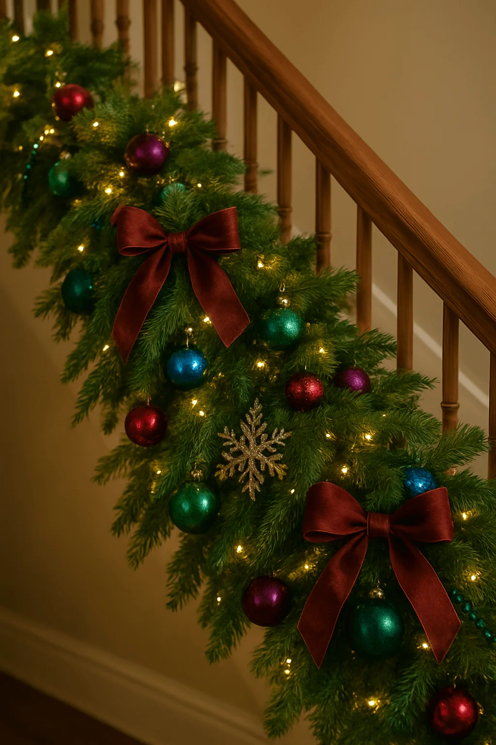 Festive staircase garland decorated with lush greenery, jewel-toned ornaments, warm string lights, and large deep-red bows for a rich, classic holiday look