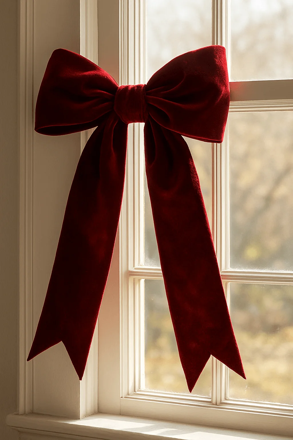 Large red velvet Christmas bow hanging on a bright window creating a classic festive holiday decoration look