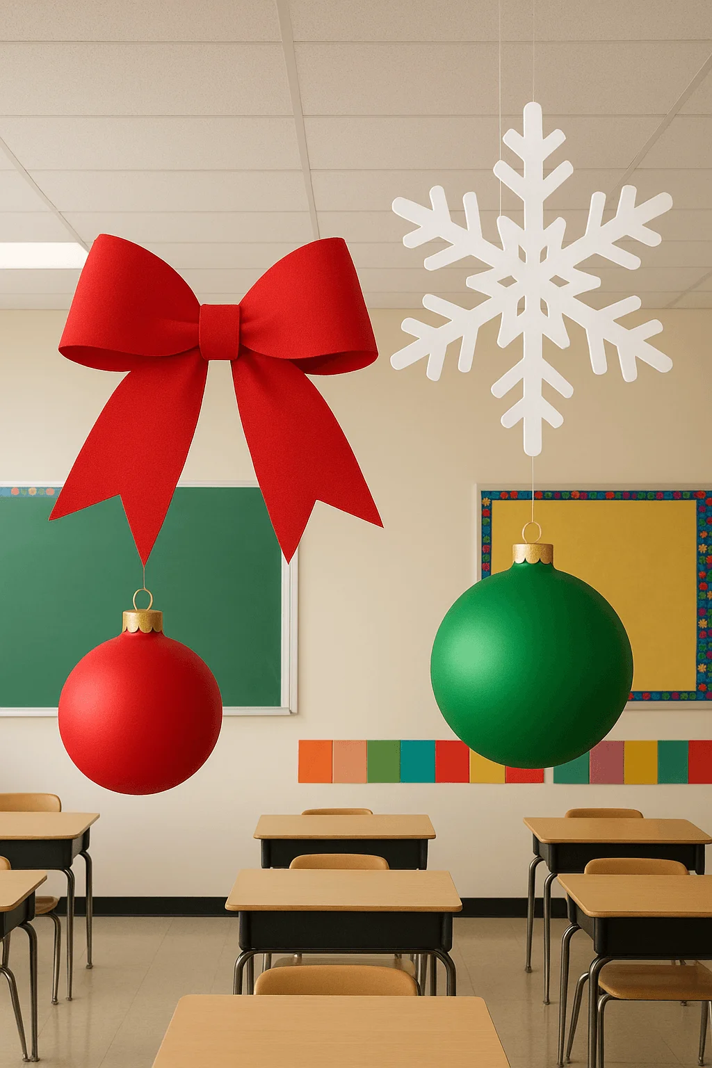 Oversized Christmas classroom decorations with a large red bow hanging snowflake and big red and green ornaments above student desks in a festive school setting