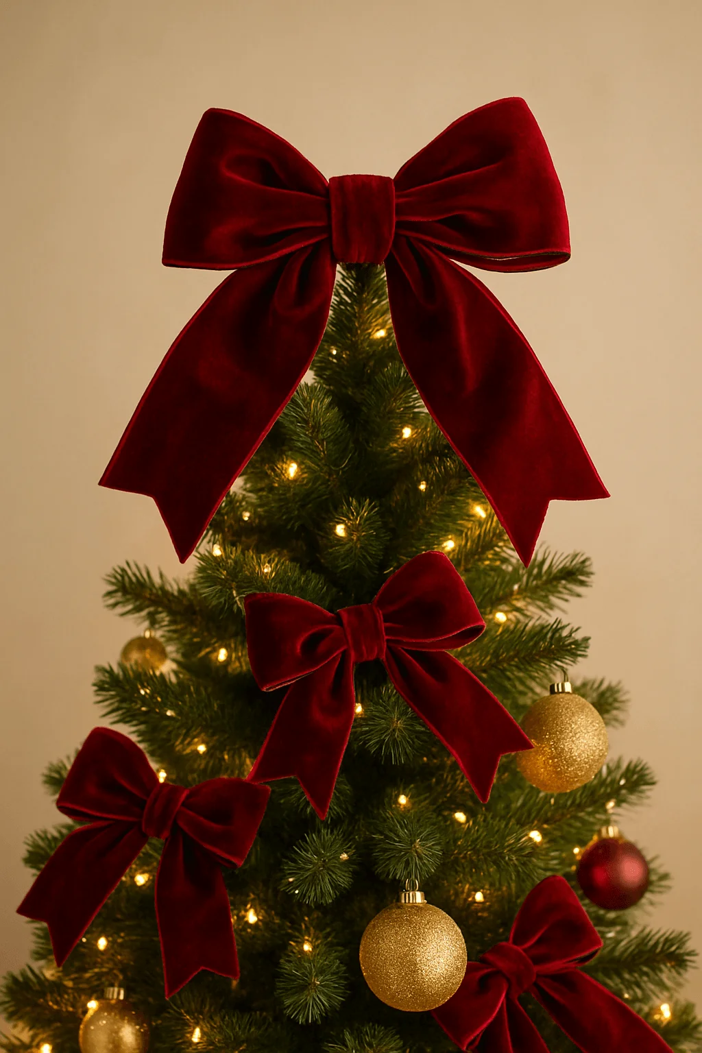 christmas tree decorated with large red velvet bows gold ornaments and warm string lights in elegant holiday style