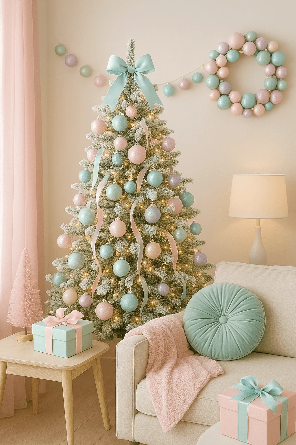 Pastel Christmas living room with a flocked tree decorated in pink and mint ornaments ribbon and a large mint bow with matching pastel gifts wreath and soft cozy accents