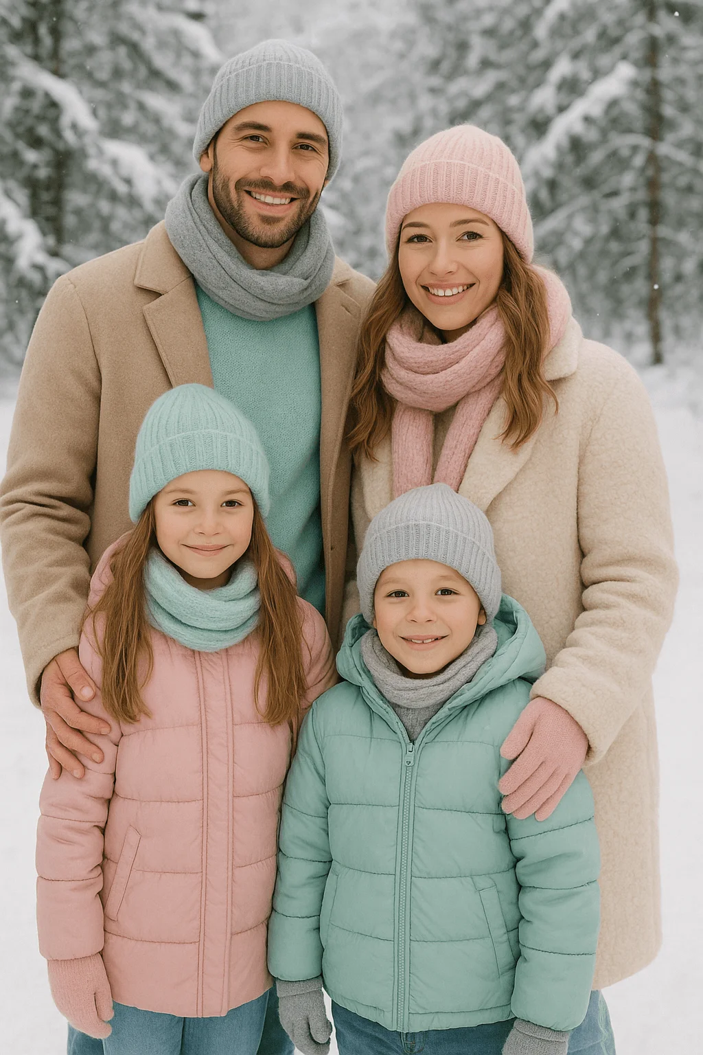 Family winter photoshoot wearing coordinated pastel outfits, including pink and mint puffer jackets, matching beanies, and cozy scarves in a snowy forest background.