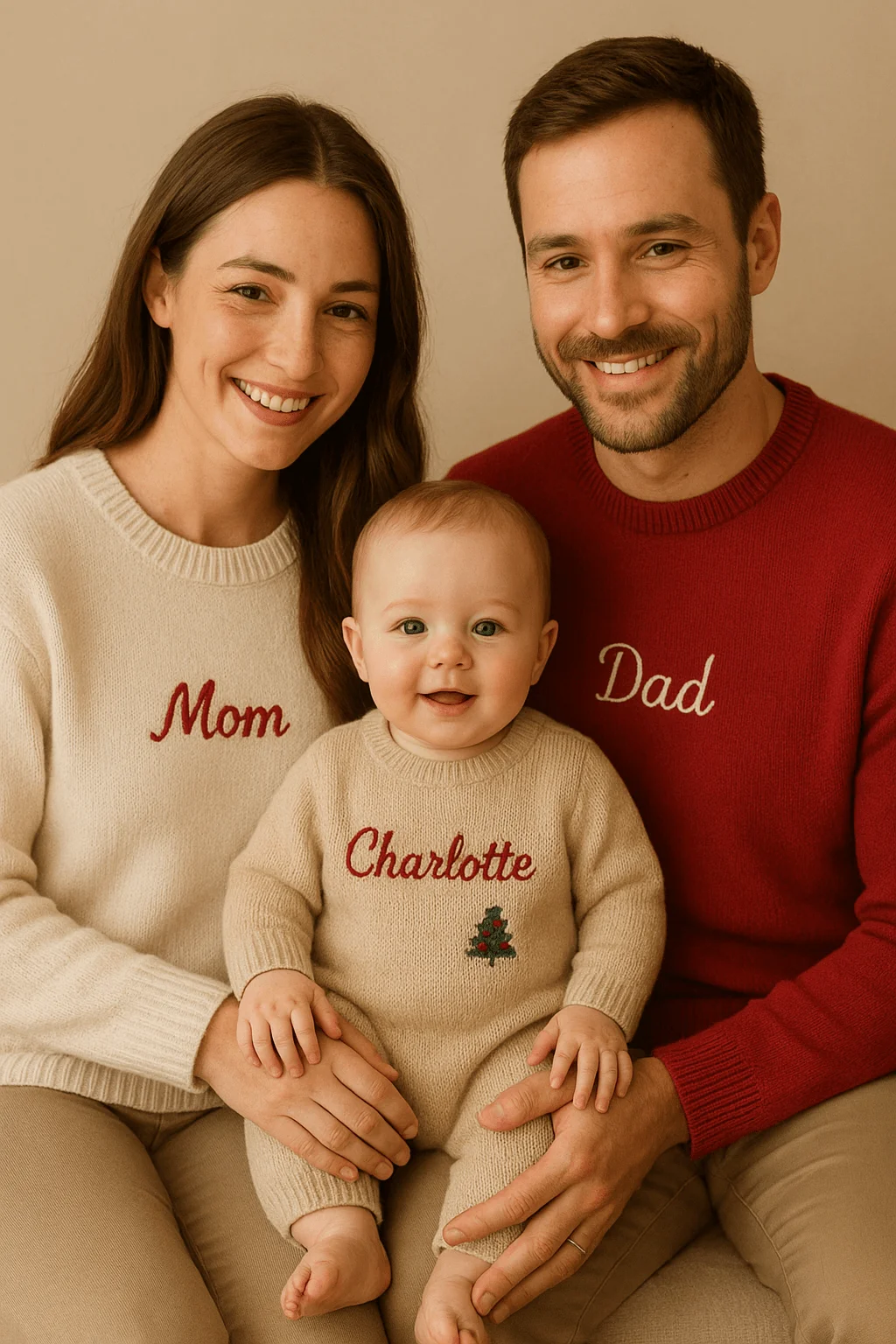 Family wearing coordinated personalized embroidered holiday sweaters, with “Mom,” “Dad,” and the baby’s name stitched on soft knit outfits, smiling together against a warm neutral background.