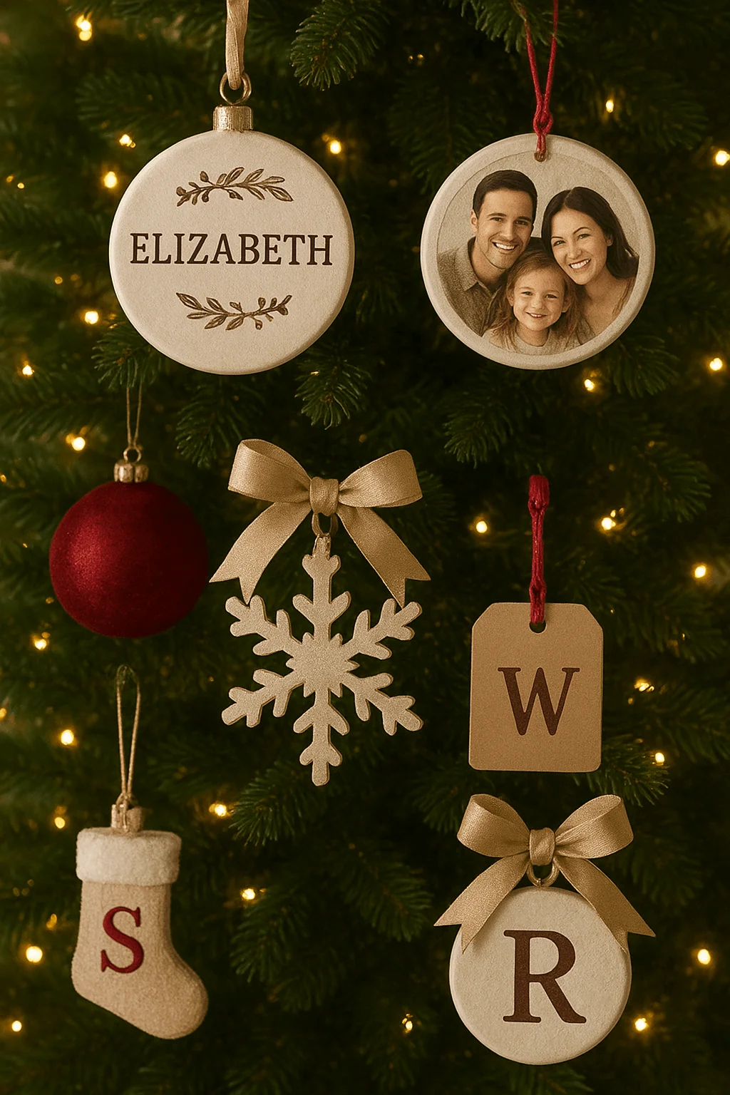 Personalized Christmas tree ornaments hanging on a lit evergreen, including monogrammed tags, a red bauble, a gold snowflake with a bow, a small stocking with an initial, a round ornament with the name “Elizabeth,” and another round ornament featuring a generic family photo.