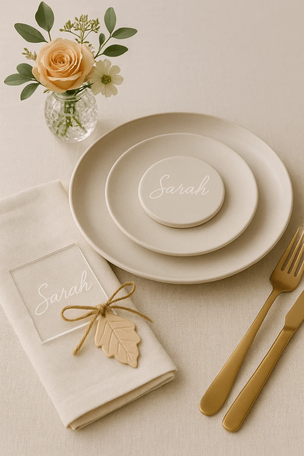 Minimal neutral table setting with layered beige plates, gold cutlery, and a personalized name card reading “Sarah,” styled with a small floral vase and a leaf-shaped napkin tag tied with twine.