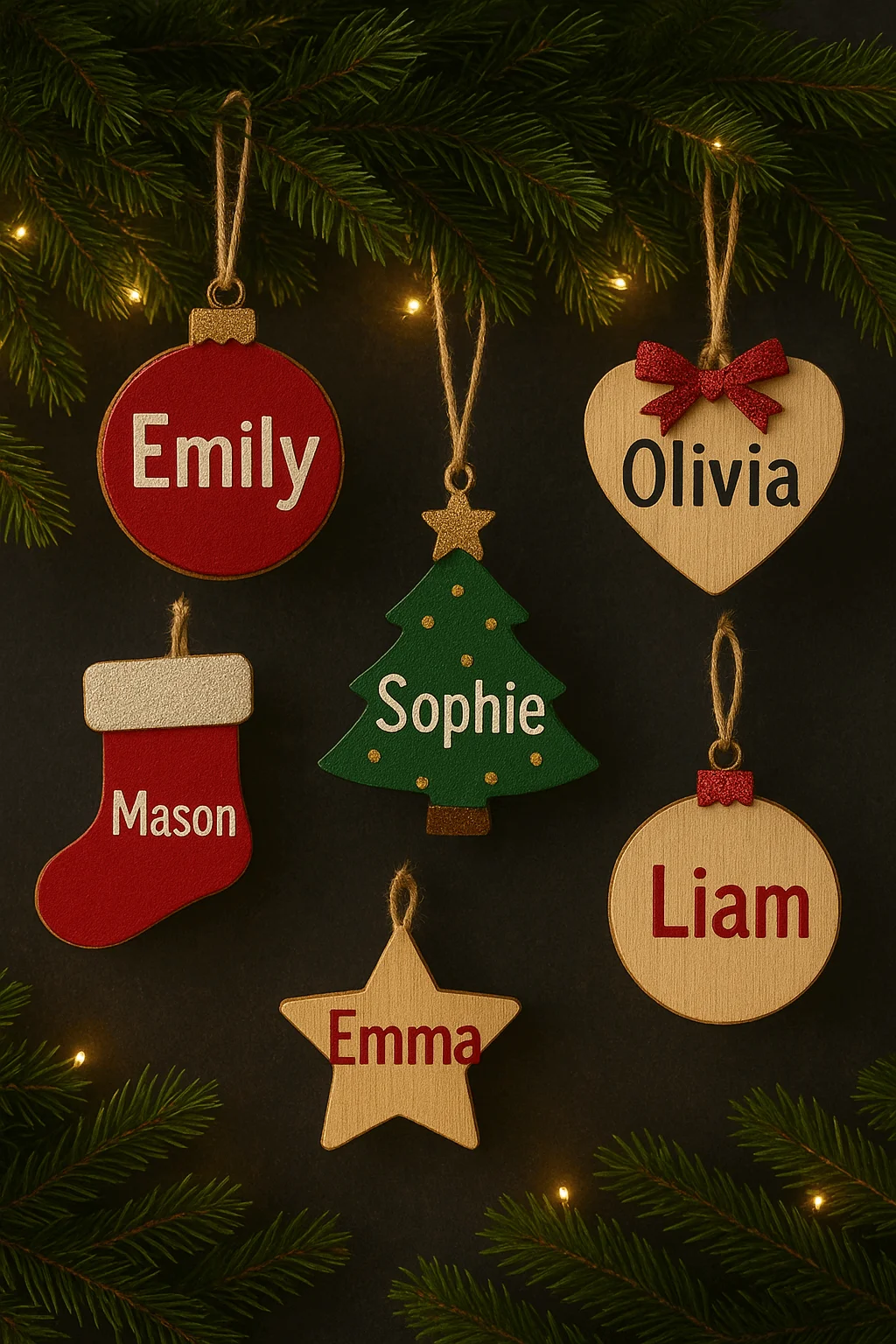 Personalized Christmas ornaments displayed on a dark background with pine branches and lights, including wooden and felt designs labeled Emily, Olivia, Mason, Sophie, Liam, and Emma in shapes like a bauble, heart, tree, stocking, star, and round ornament.