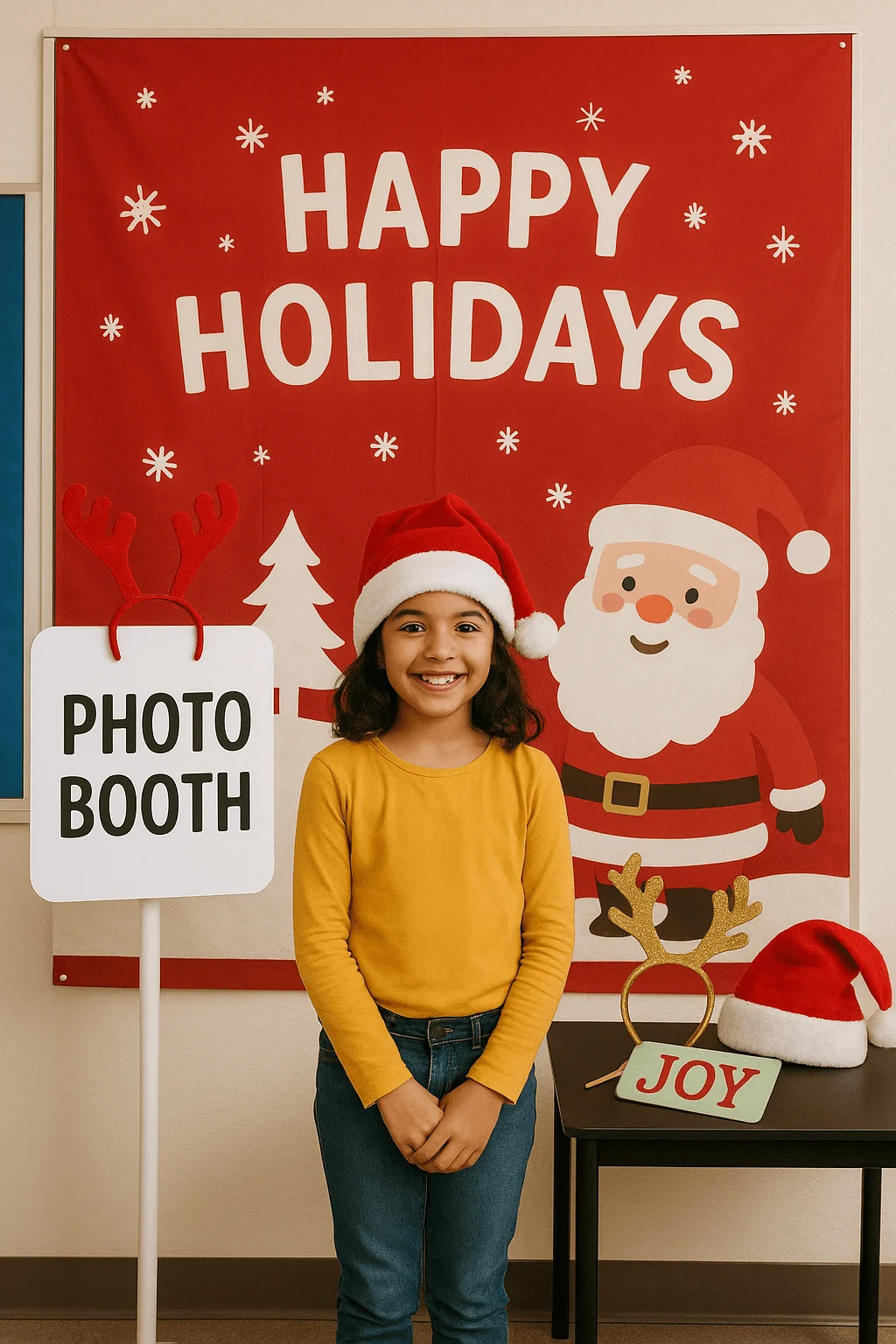 Child wearing a Santa hat standing in a classroom holiday photo booth area with a red ‘Happy Holidays’ backdrop featuring Santa, a photo booth sign with reindeer antlers, and festive props on a table.