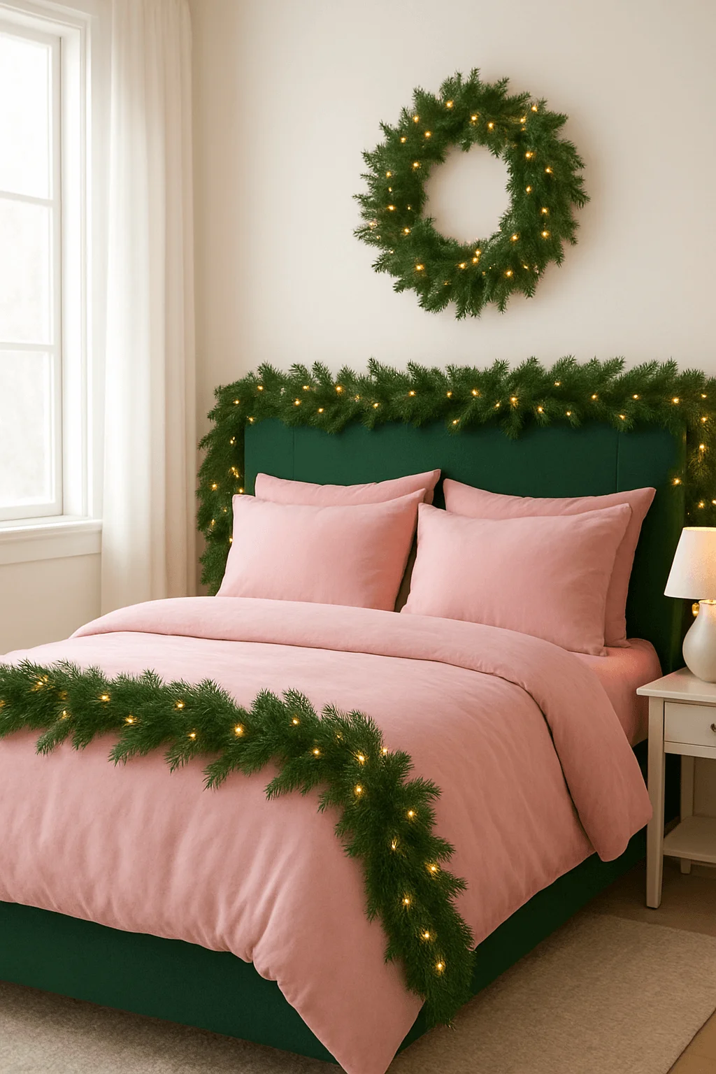 Modern holiday bedroom with pink bedding, dark green headboard, and glowing garland and wreath for a chic pink-and-green Christmas look