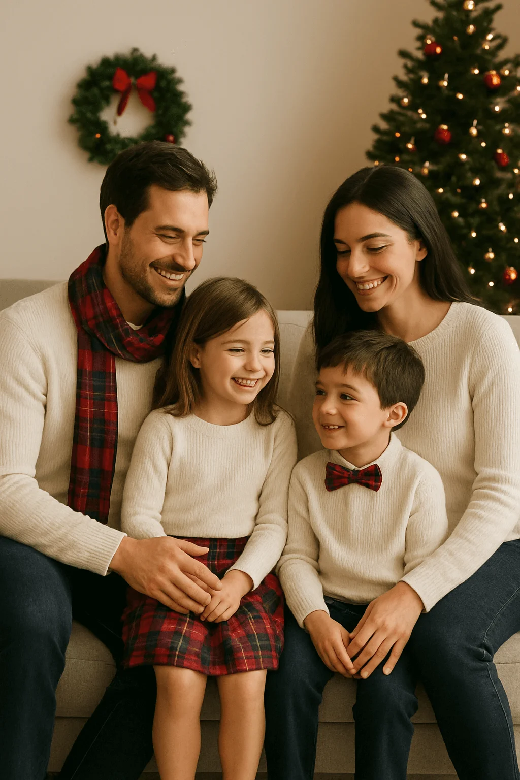A family of four sits together on a couch in a cozy living room decorated for Christmas, all wearing coordinated cream sweaters with red plaid accents.