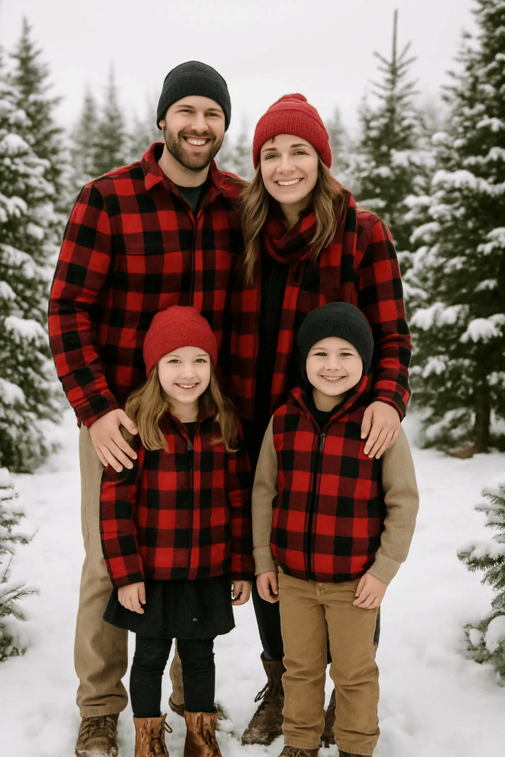 Family wearing matching red and black buffalo plaid outfits posing in snowy Christmas tree farm