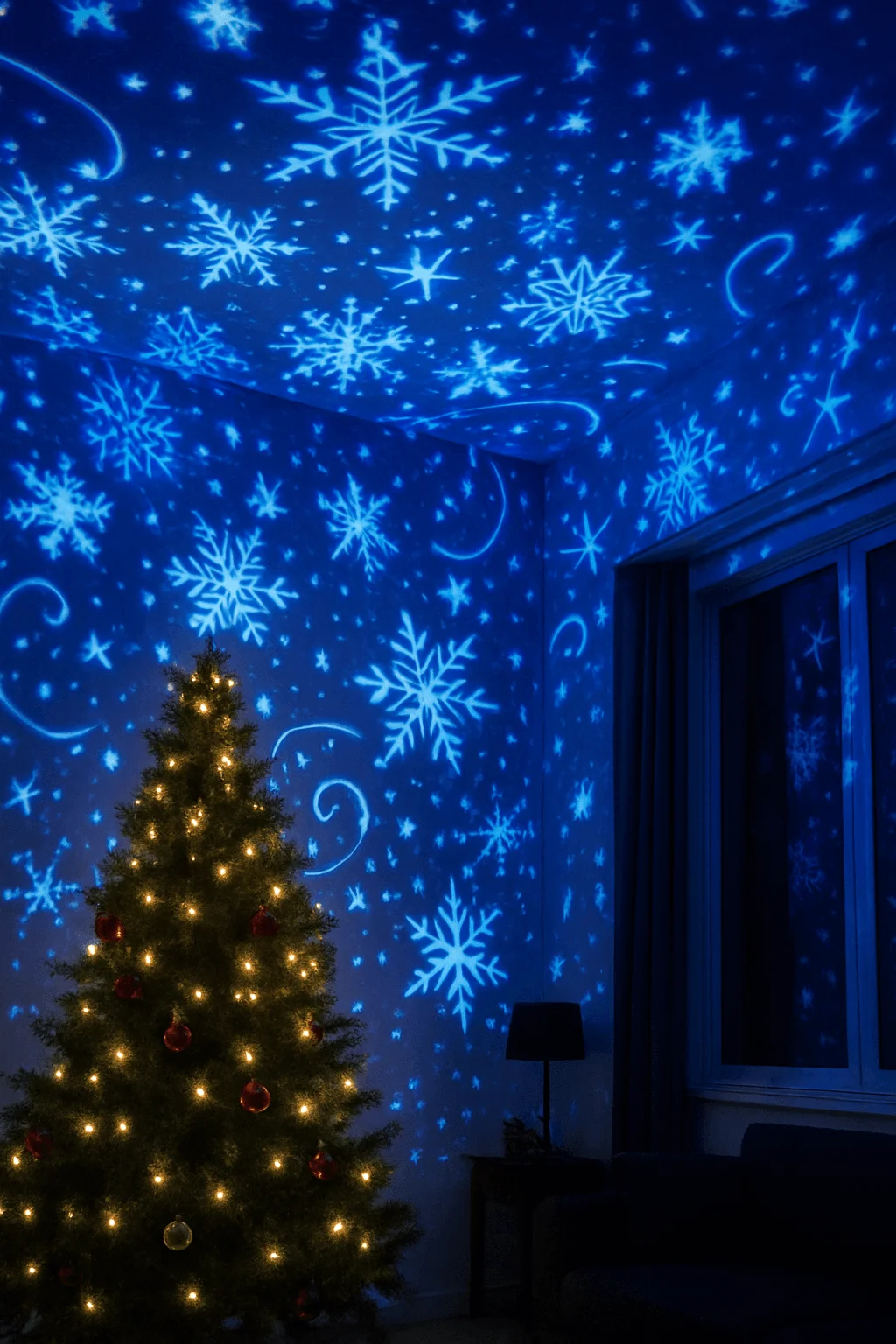 Winter-themed projection mapping fills the room with glowing blue snowflakes and swirling light patterns on the ceiling and walls, creating an immersive holiday atmosphere around a softly lit Christmas tree.