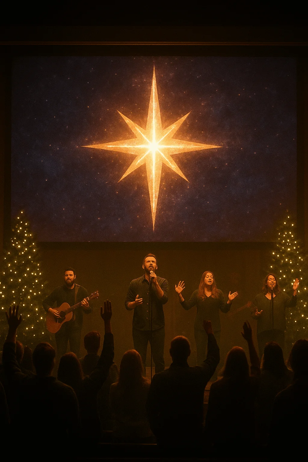 Christmas worship band singing on stage with star projection and glowing Christmas trees as congregation raises hands