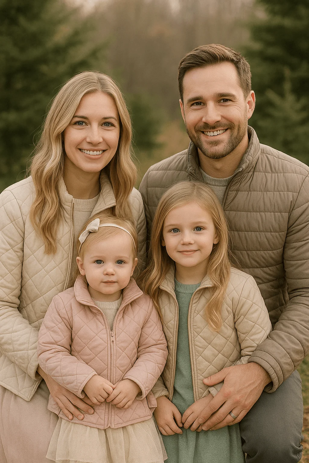 Family wearing coordinated quilted jackets in soft neutral tones posing outdoors; parents in beige and taupe jackets, with two young girls in light pink and cream quilted jackets, smiling together in a natural autumn background.