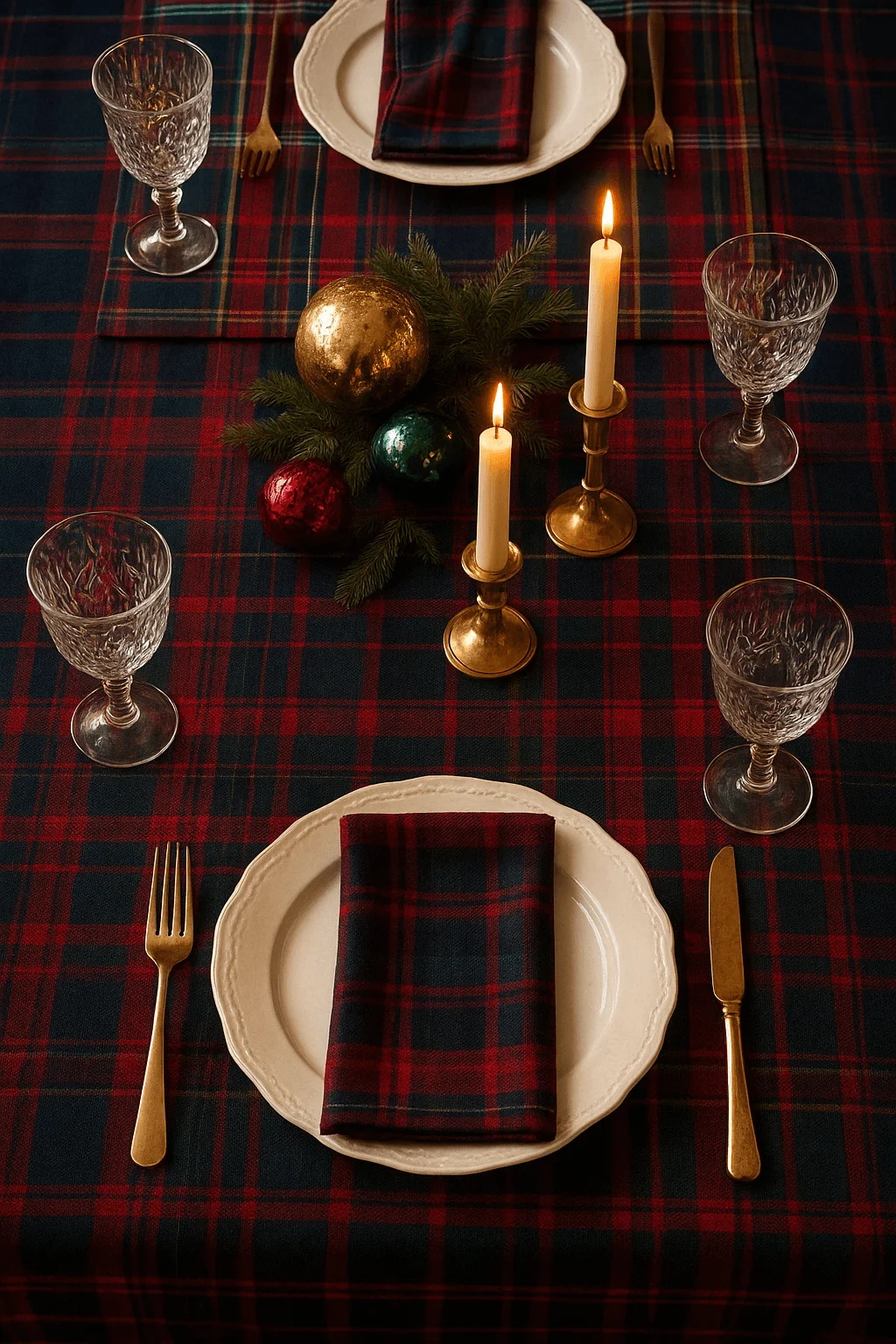 Plaid Christmas table setting with red and green tartan tablecloth candles gold ornaments crystal glasses and classic holiday place settings