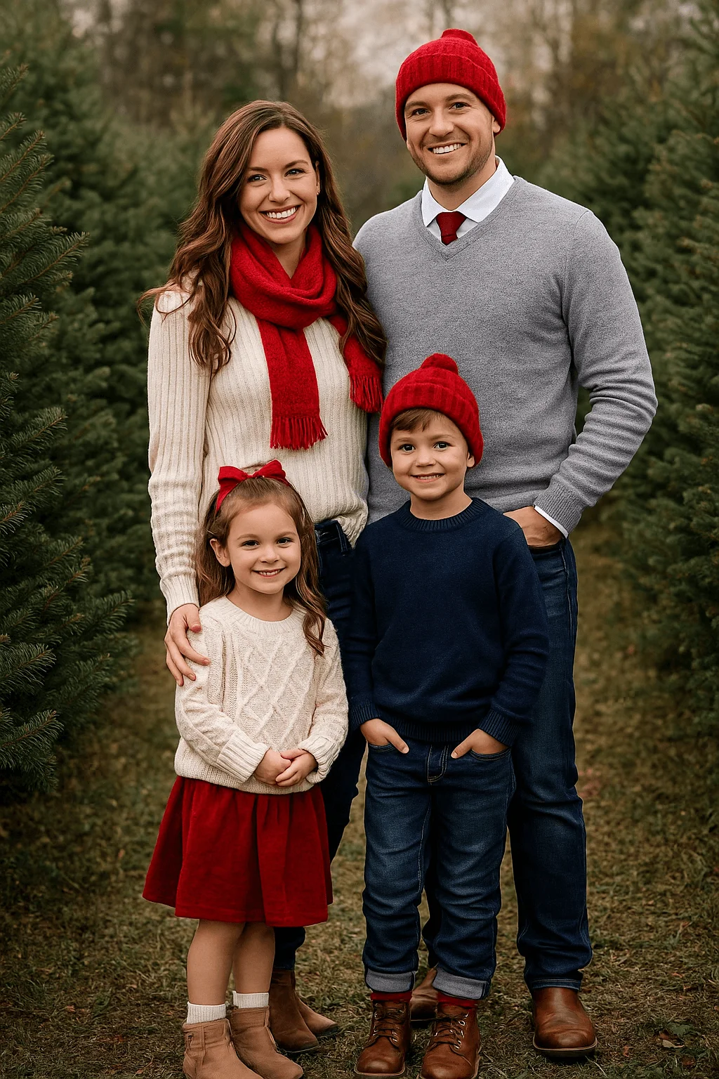 A family standing outdoors in a Christmas tree farm, wearing coordinated winter outfits in cream, red, navy, and gray. The mother wears a cream sweater with a red scarf, the father wears a gray sweater with a red beanie and tie, the daughter wears a cream sweater with a red skirt, and the son wears a navy sweater with a red beanie. They are all smiling and dressed in warm holiday clothing.