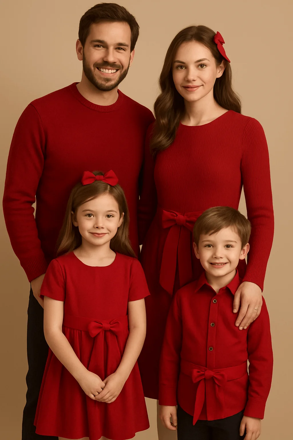 A family of four dressed in coordinated red outfits stands against a neutral beige background. The mother and daughter wear red dresses with bow details, while the father wears a red sweater and the son wears a red button-down shirt with a bow belt. The daughter and mother both have matching red hair bows, creating a polished, festive look.