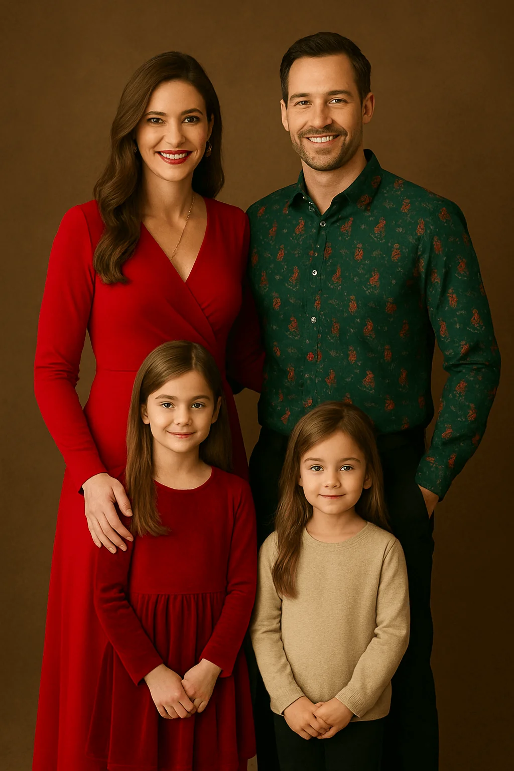 A family portrait featuring a woman in a long red dress, a man wearing a green patterned shirt, a girl in a red velvet dress, and a younger girl in a beige sweater, all standing together against a warm brown background.