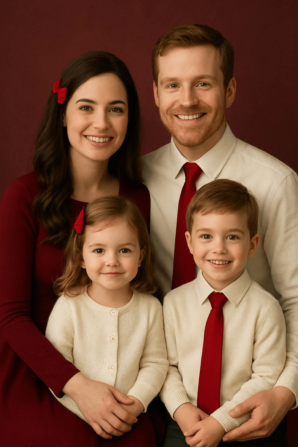 A family of four poses in coordinated cream and deep red outfits against a dark red backdrop. The mother wears a burgundy dress with a matching red hair bow, while the father wears a cream shirt with a red tie. Their daughter wears a cream cardigan with a red bow in her hair, and their son wears a cream shirt with a matching red tie. The overall look is polished and color-coordinated for a festive portrait.