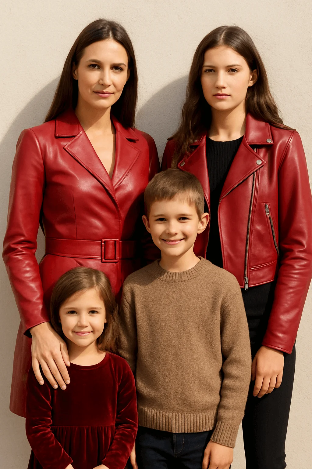 A family portrait featuring two women wearing red leather jackets, a young boy in a tan knit sweater, and a little girl in a burgundy velvet dress, standing together against a light neutral background.