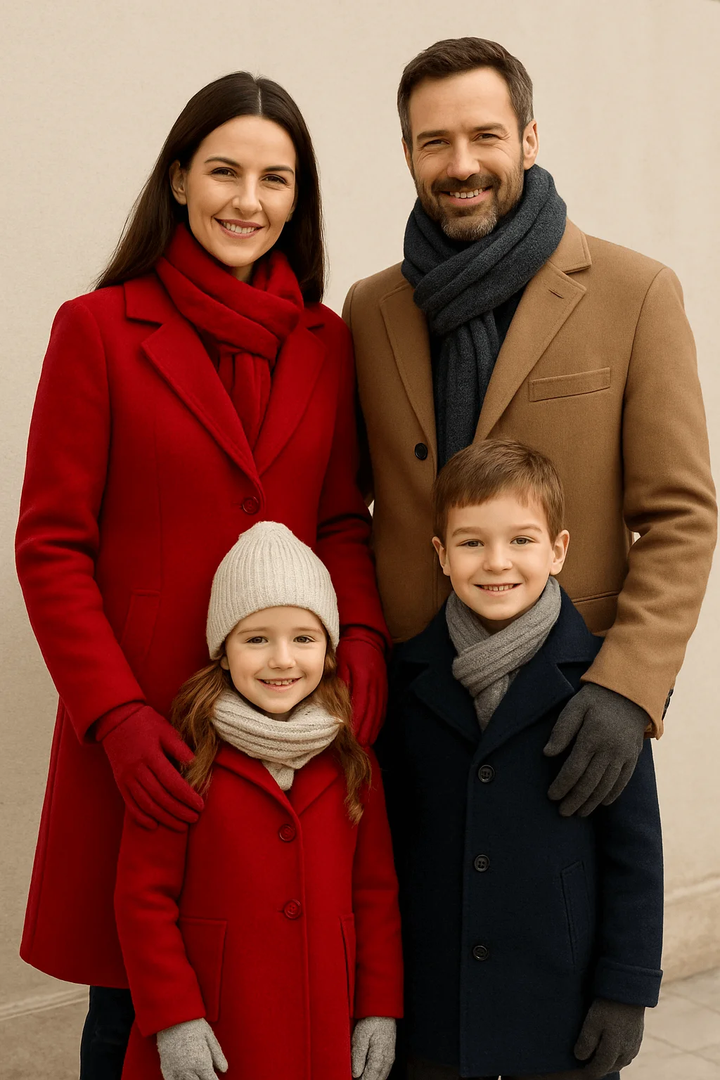 Family wearing winter coats and scarves in coordinated red, camel, navy, and beige colors posing outdoors for a holiday photo