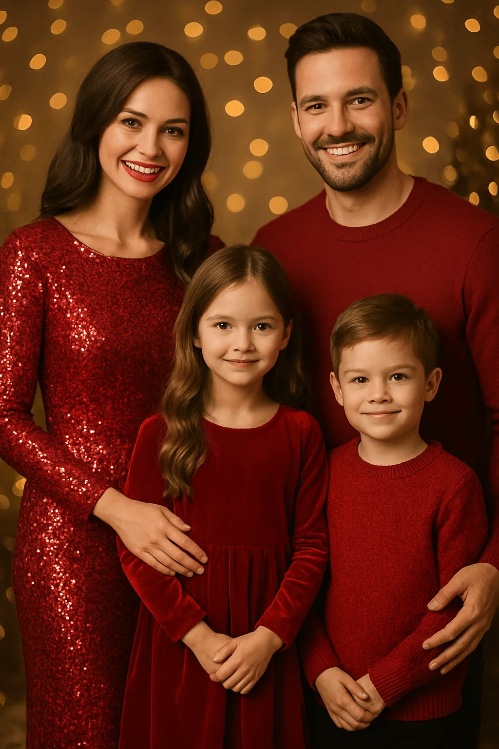 A family of four posing in front of golden holiday lights. The mother wears a long red sequin dress, the father wears a red sweater, and the two children are dressed in red velvet outfits, all smiling warmly for a festive portrait.