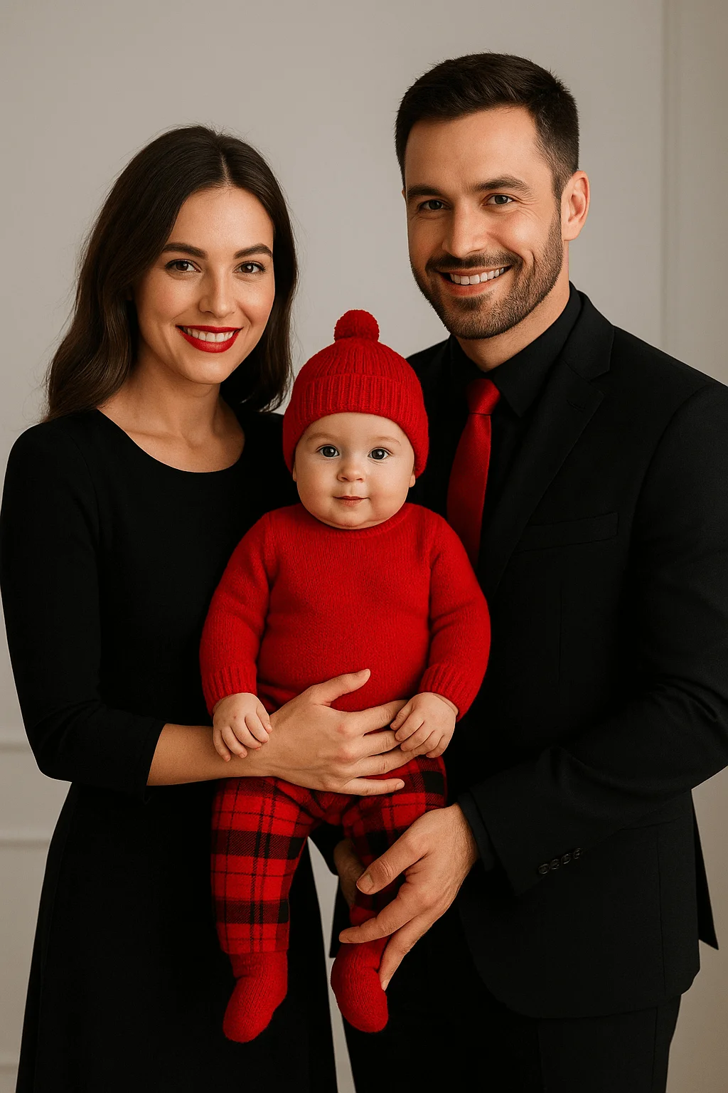 Family dressed in coordinated black outfits with bold red accents, holding a baby in a bright red knit outfit and plaid pants, posing indoors for a modern festive holiday portrait.