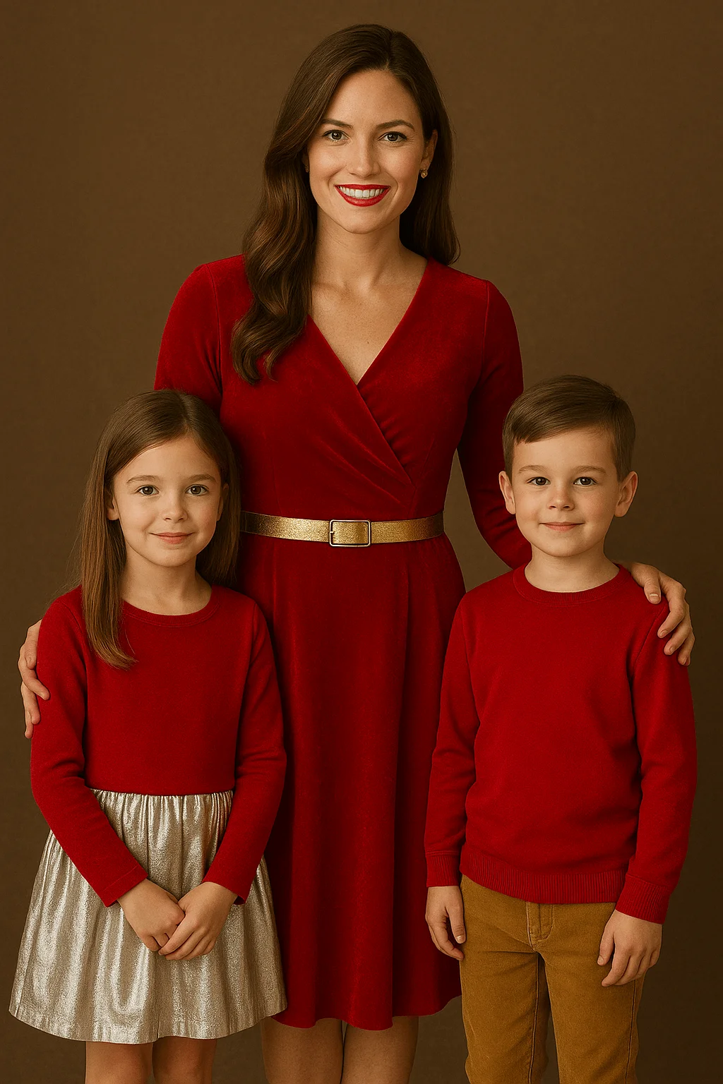 A woman wearing a red wrap dress with a gold belt stands between two children dressed in coordinated red outfits. The girl wears a red top with a metallic gold skirt, while the boy wears a red sweater with tan pants. All three are smiling against a warm brown background, creating a festive and elegant holiday portrait.