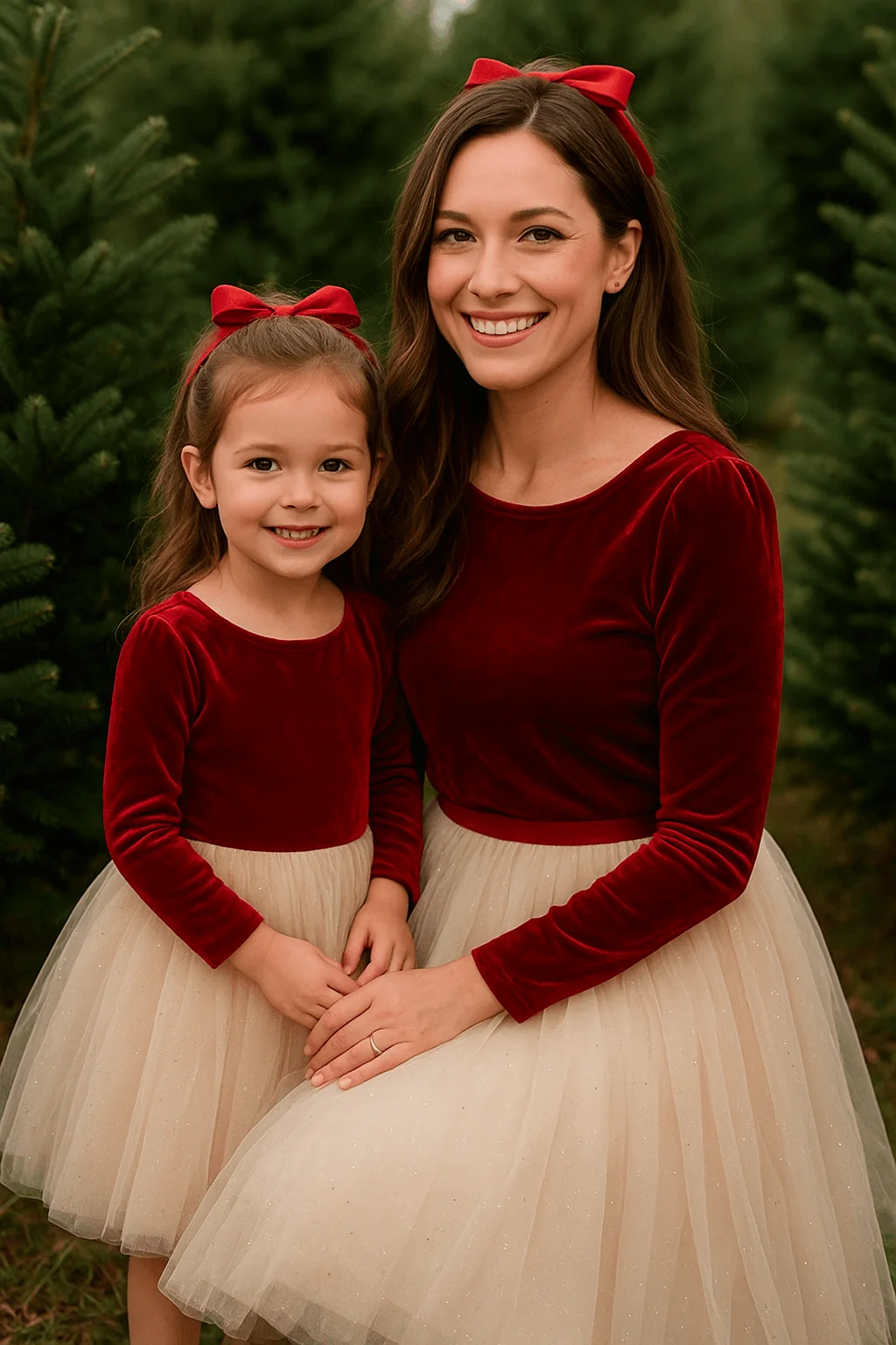 Mother and daughter wearing matching red velvet and cream tulle Christmas outfits in a tree farm setting