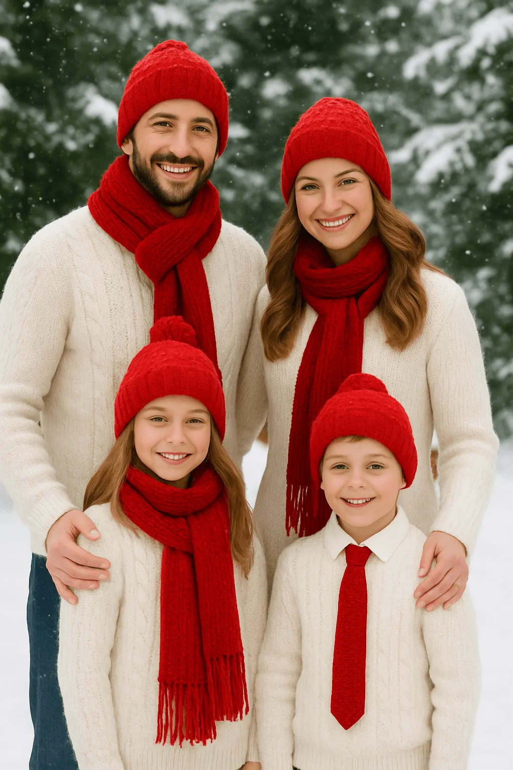 Smiling family wearing matching cream sweaters with red winter hats, scarves, and a tie, posing together in the snow with a forest background.