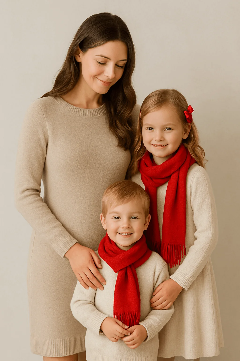 Mom and two children wearing neutral beige outfits with red accents and scarves in a soft studio portrait