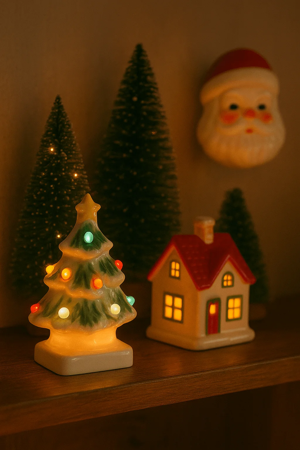 retro-style ceramic christmas decorations featuring a light-up tree with colorful bulbs, a glowing house, and small bottle brush trees for a nostalgic holiday look