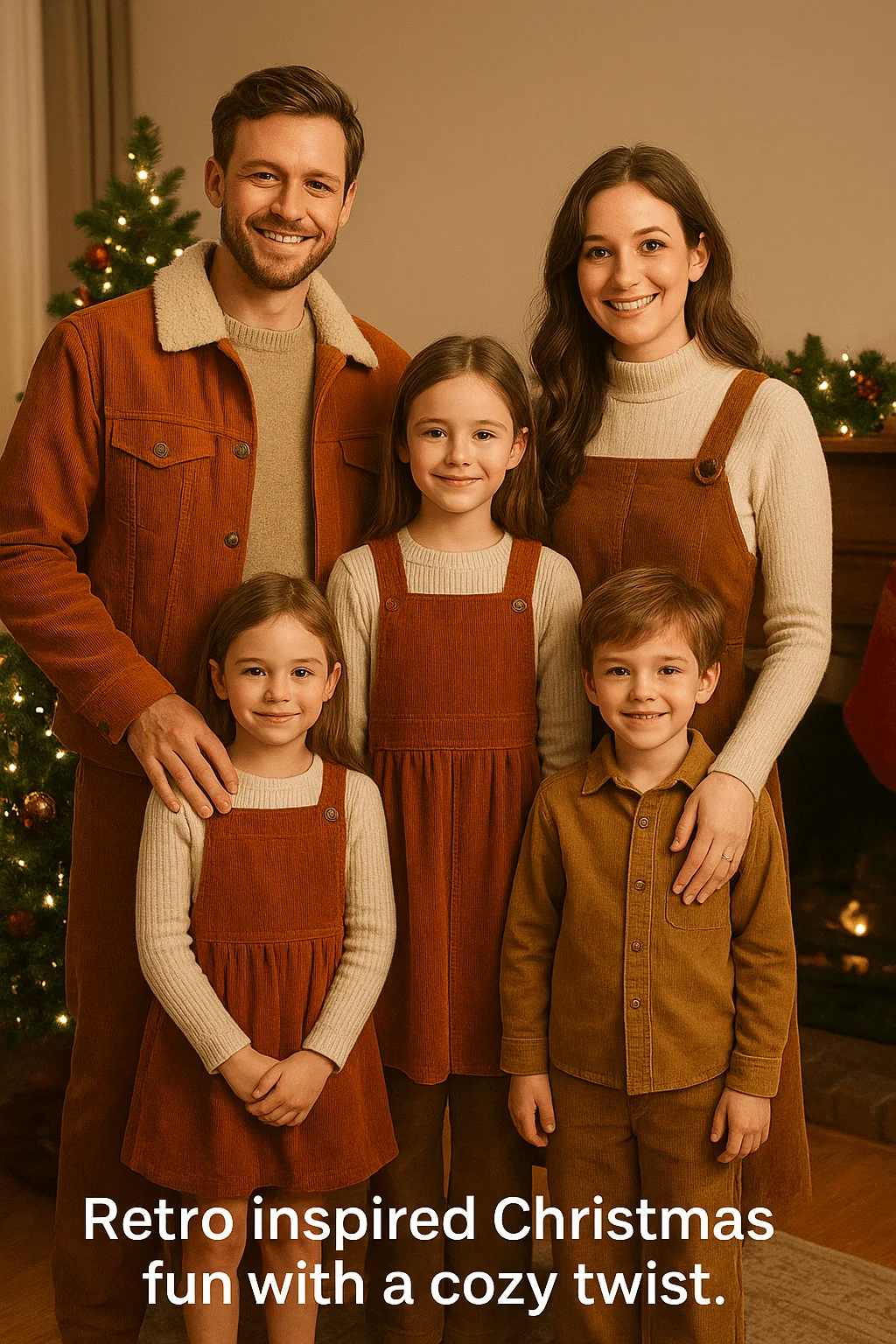 A family of five wearing coordinated rust-colored corduroy outfits poses indoors beside a Christmas tree and fireplace, smiling warmly in a cozy, retro-inspired holiday setting.