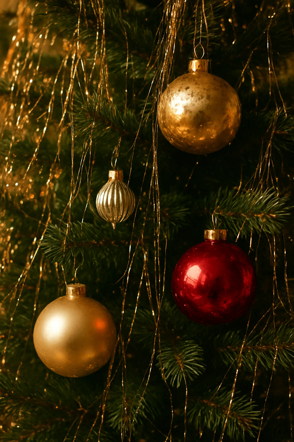 close up of christmas tree decorated with gold and red ornaments and shimmering tinsel strands in vintage festive style