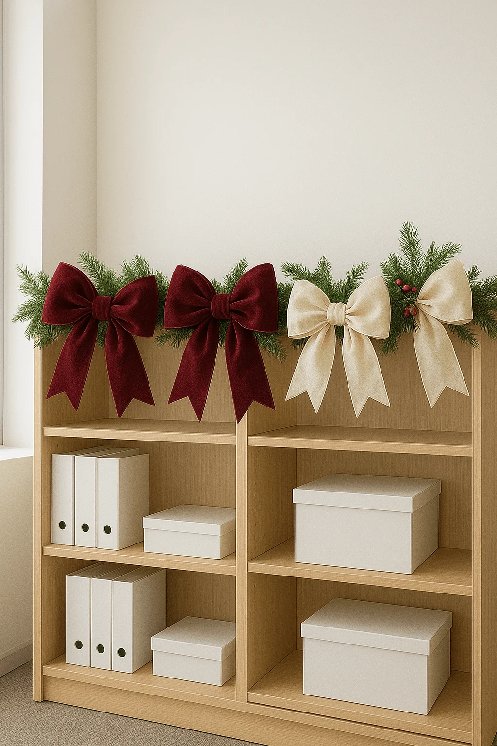 Office shelving decorated with pine garlands and large velvet bows, featuring two burgundy bows and one cream bow, above neatly arranged white storage boxes and binders.