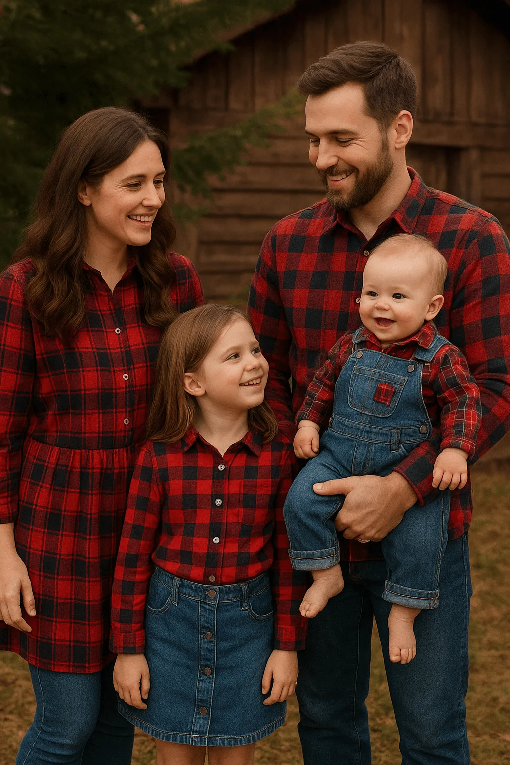 Family wearing coordinated red-and-black plaid outfits with denim bottoms, smiling together outdoors in front of a rustic wooden cabin.