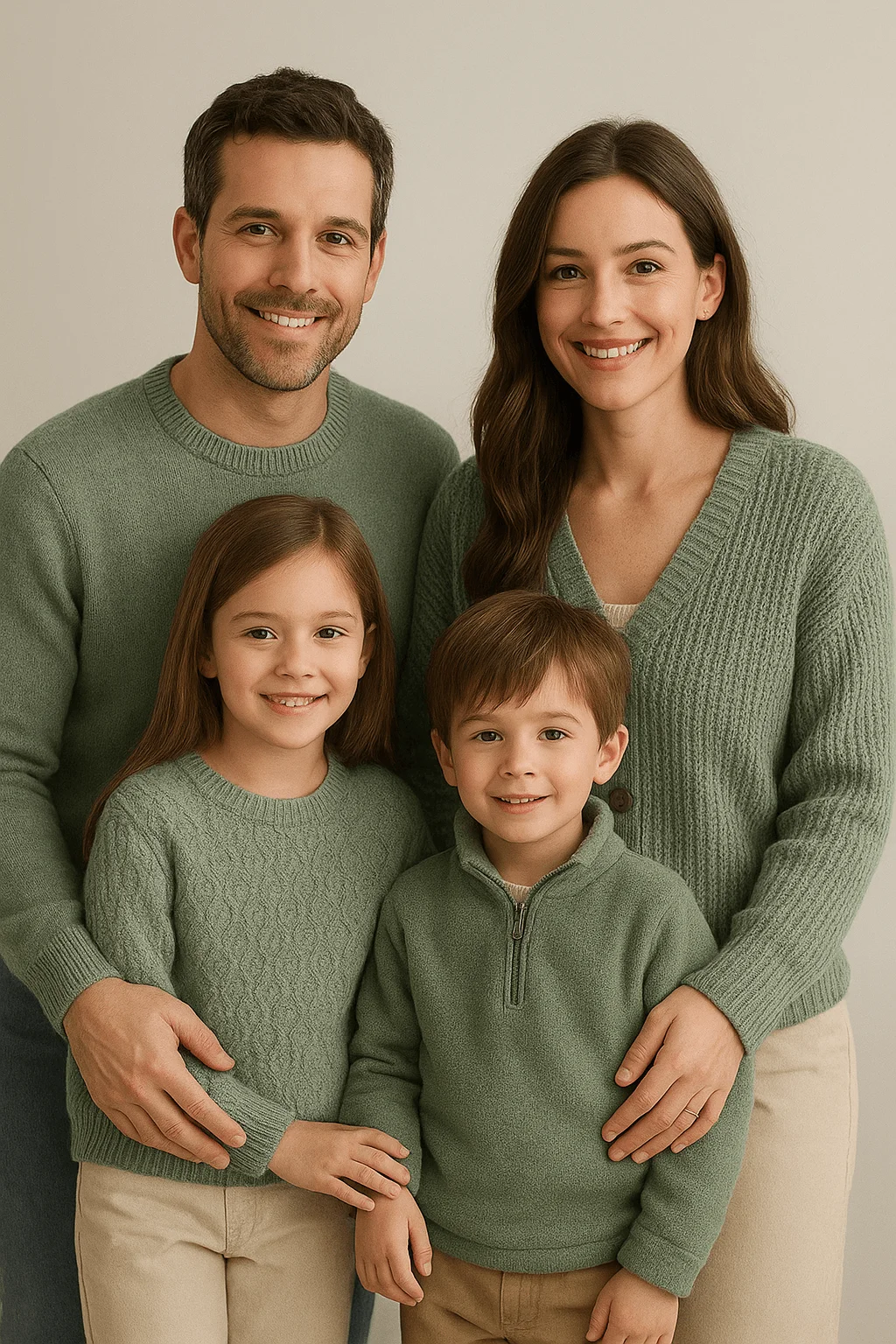A family of four poses together wearing coordinated sage green knit sweaters. The parents stand behind their smiling young daughter and son, who are dressed in matching soft green tops with beige pants, against a neutral studio background.
