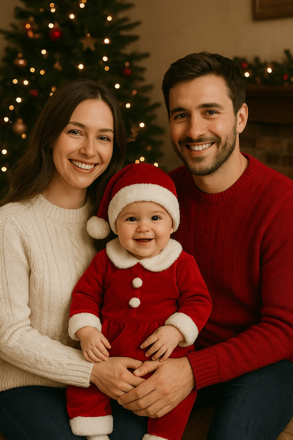 Smiling family posing indoors for a Christmas photo, with the baby dressed in a red Santa-inspired outfit and hat, sitting between parents wearing cozy cream and red sweaters in front of a decorated Christmas tree.