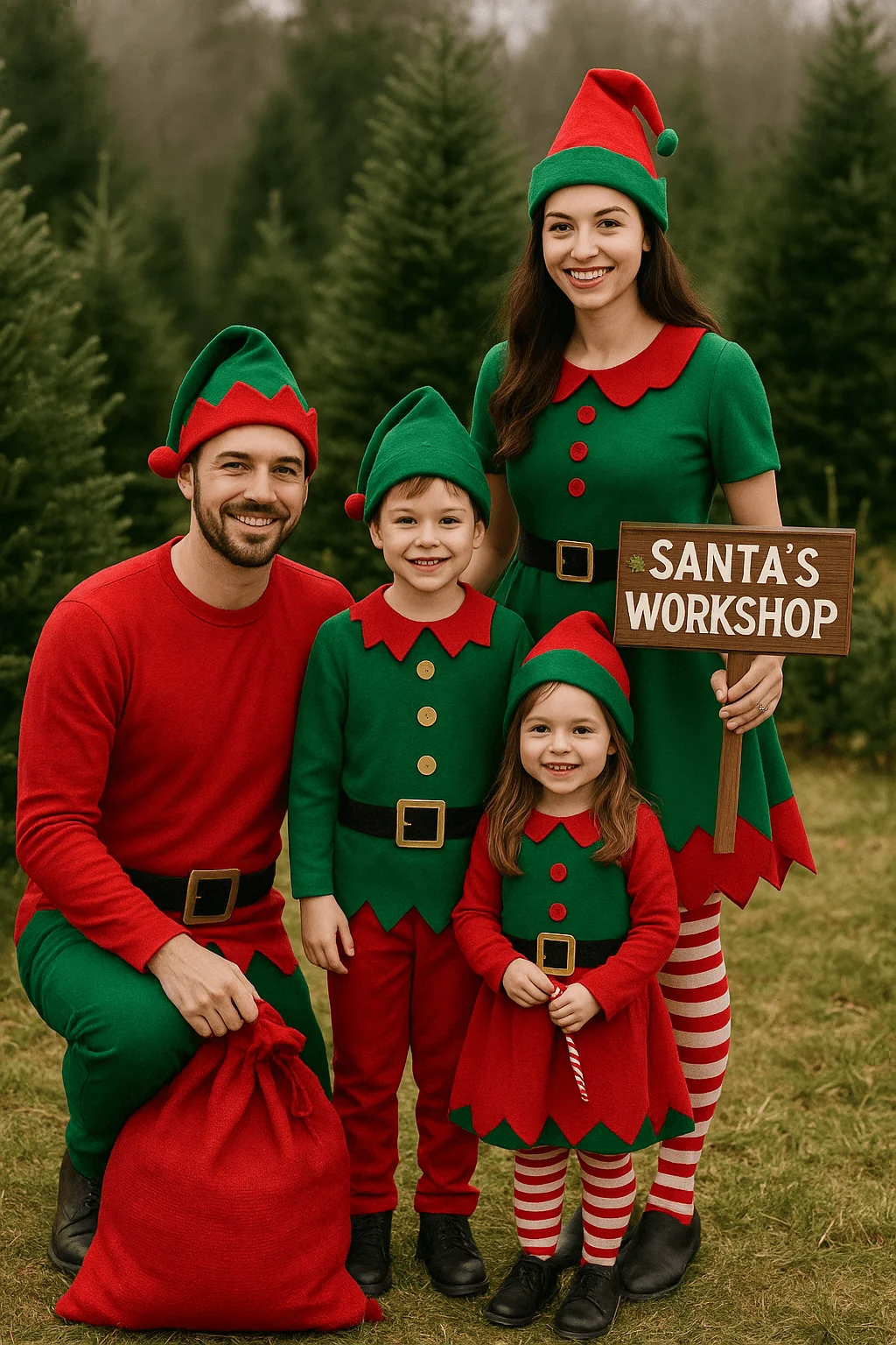 Family dressed in festive elf costumes holding a “Santa’s Workshop” sign, with matching green and red outfits, striped tights, and a red sack, posing outdoors in a Christmas tree farm setting.