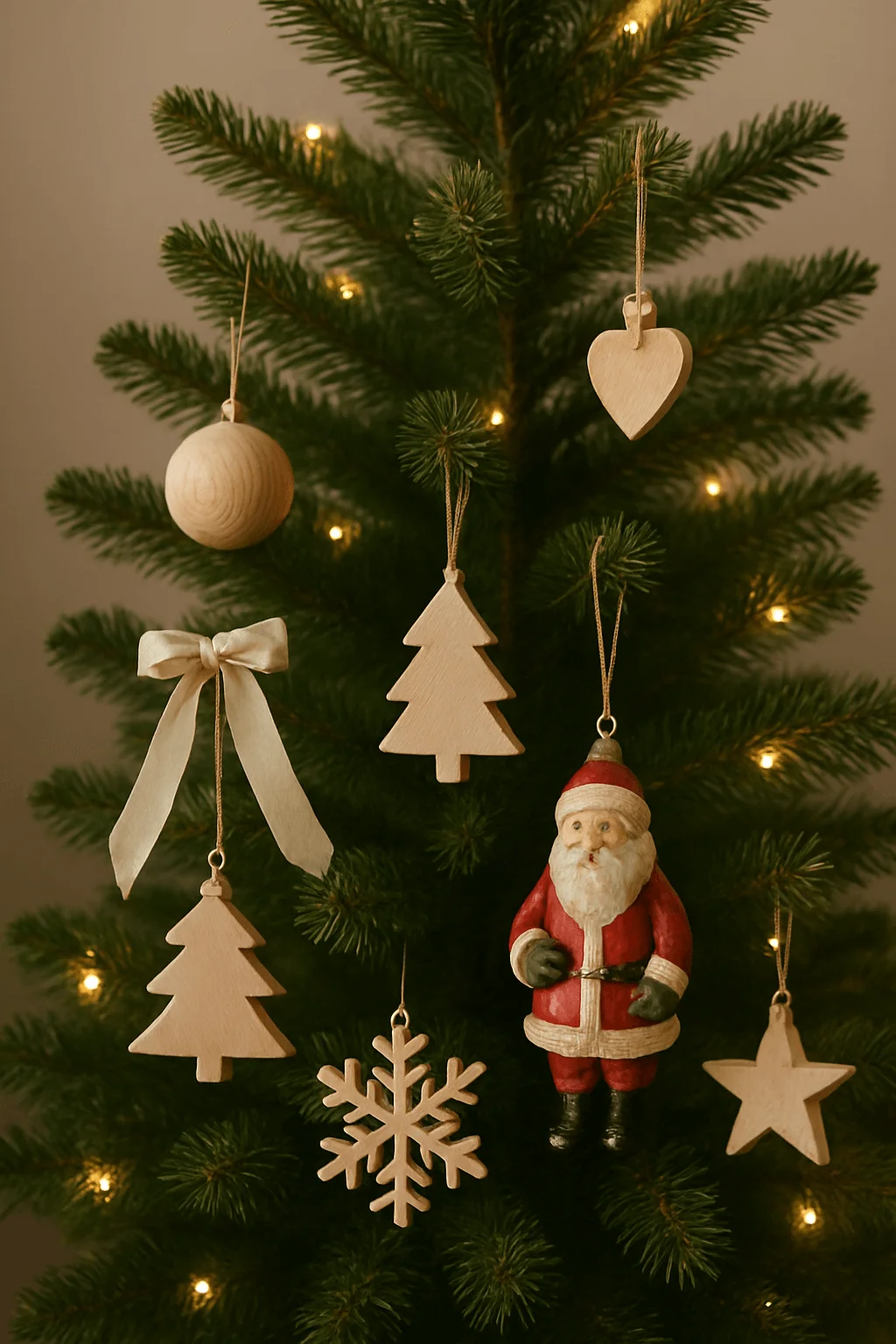 minimalist christmas tree decorated with wooden ornaments santa figurine and simple ribbon bow in scandinavian natural style