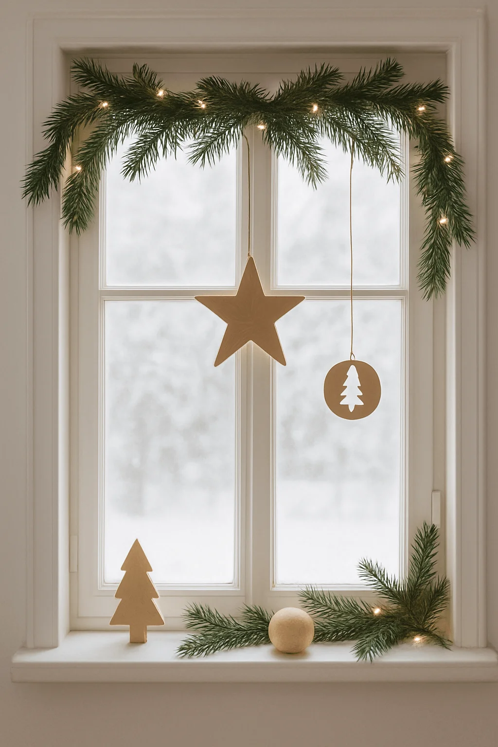 Minimal Scandinavian Christmas window decor with pine garland warm lights wooden star hanging ornament small wooden tree and simple natural accents on a snowy background