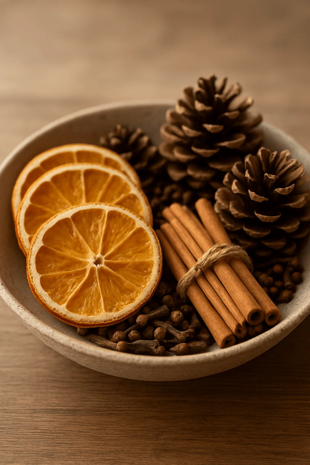 Rustic holiday bowl with dried orange slices, cinnamon sticks, pinecones, and cloves creating a warm natural festive aroma
