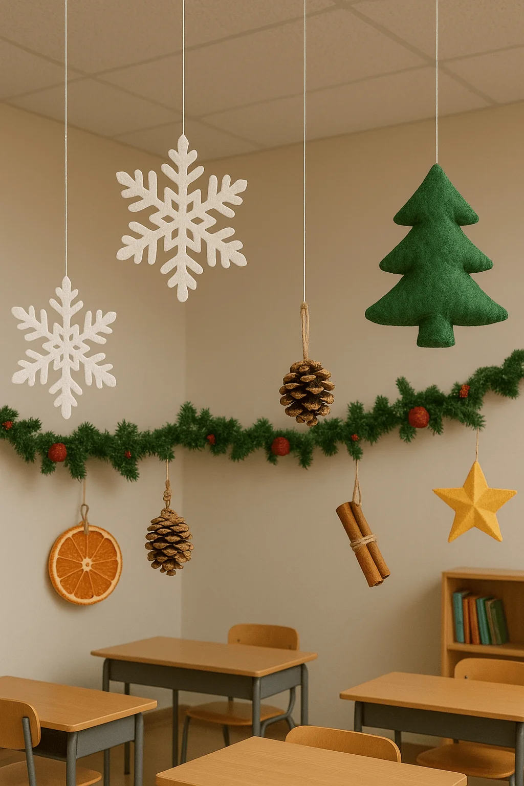 Classroom decorated with hanging sensory Christmas ornaments including felt snowflakes, a green felt tree, pinecones, dried orange slices, cinnamon sticks, and a yellow star, with a garland above wooden student desks
