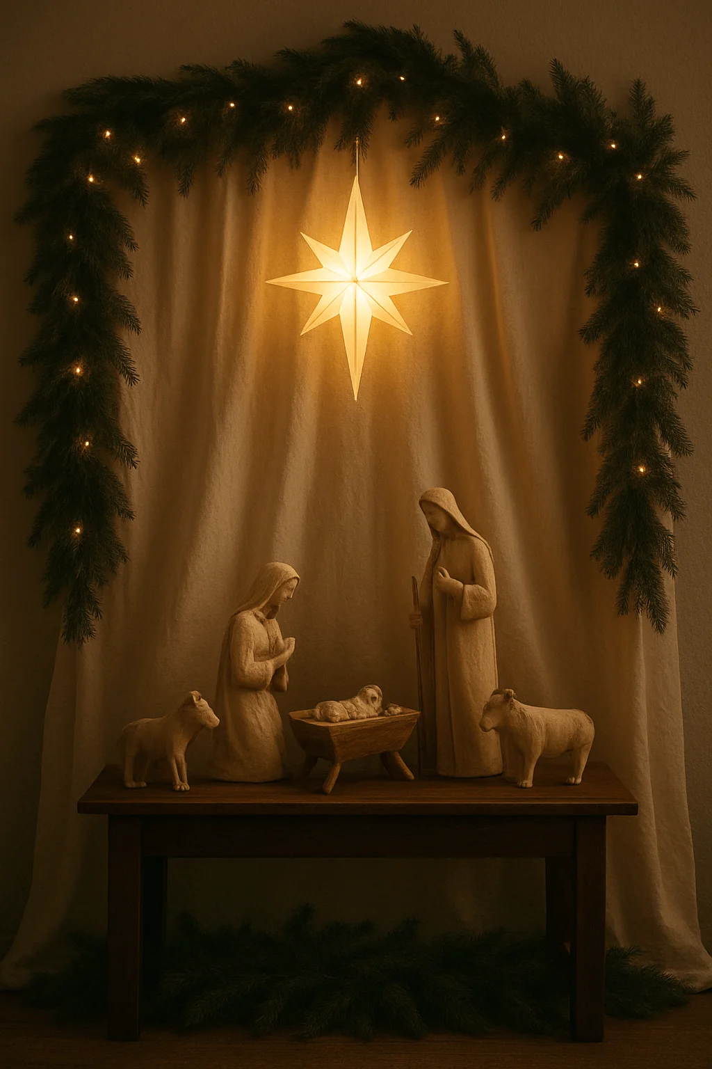 Nativity scene display at a church with softly lit star lantern above Mary, Joseph, and baby Jesus, surrounded by evergreen garland and warm ambient lighting.