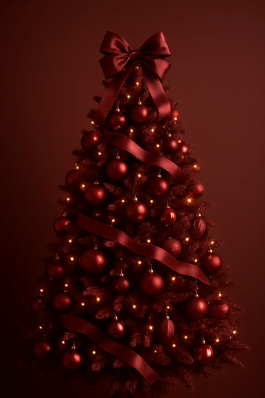 christmas tree decorated entirely in deep red ornaments and satin ribbon with matching red lights and large bow topper in monochromatic elegant style