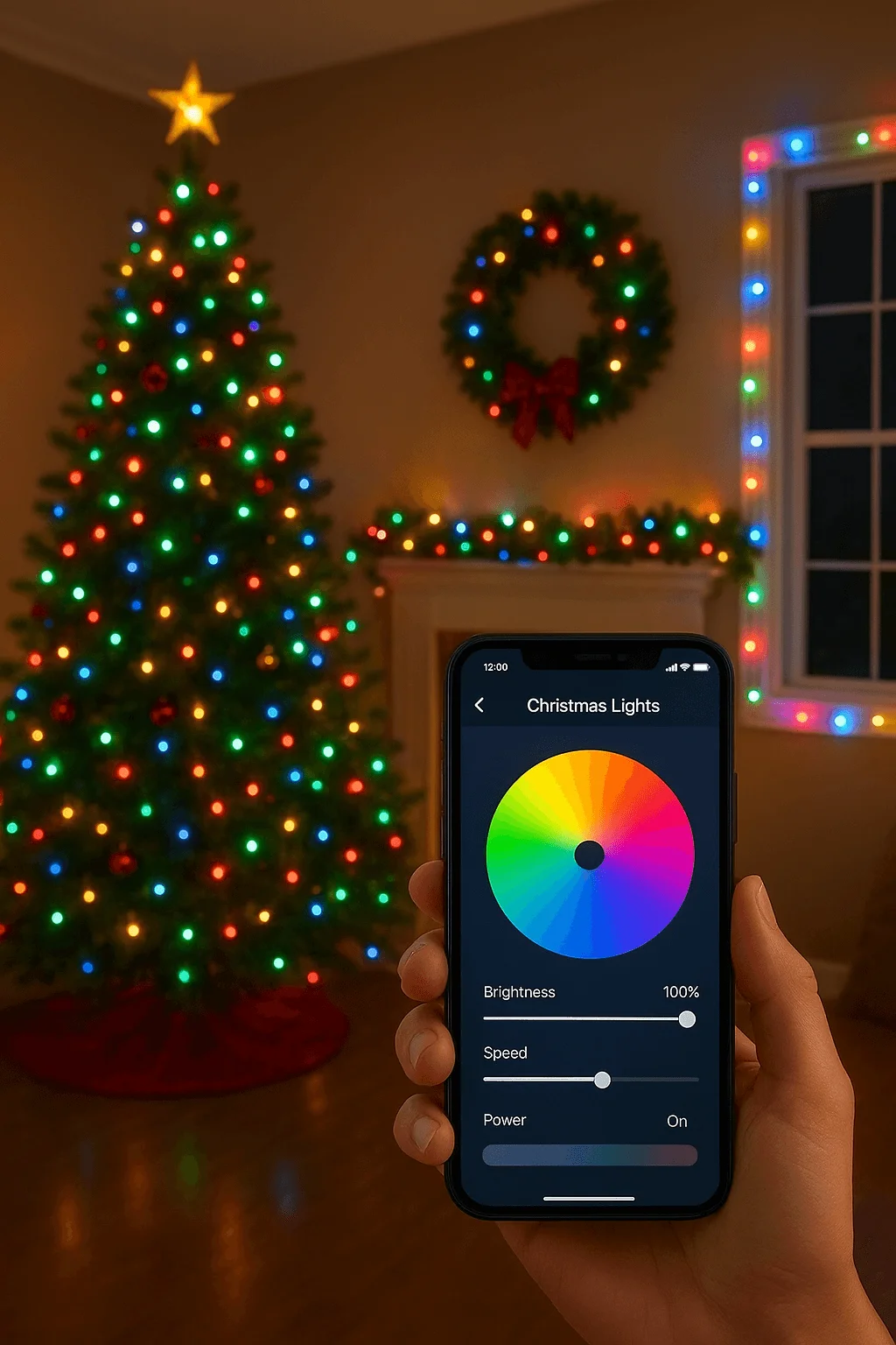 Hand holding a smartphone controlling smart Christmas lights with a color wheel in front of a living room decorated with a lit Christmas tree wreath and multicolor lights