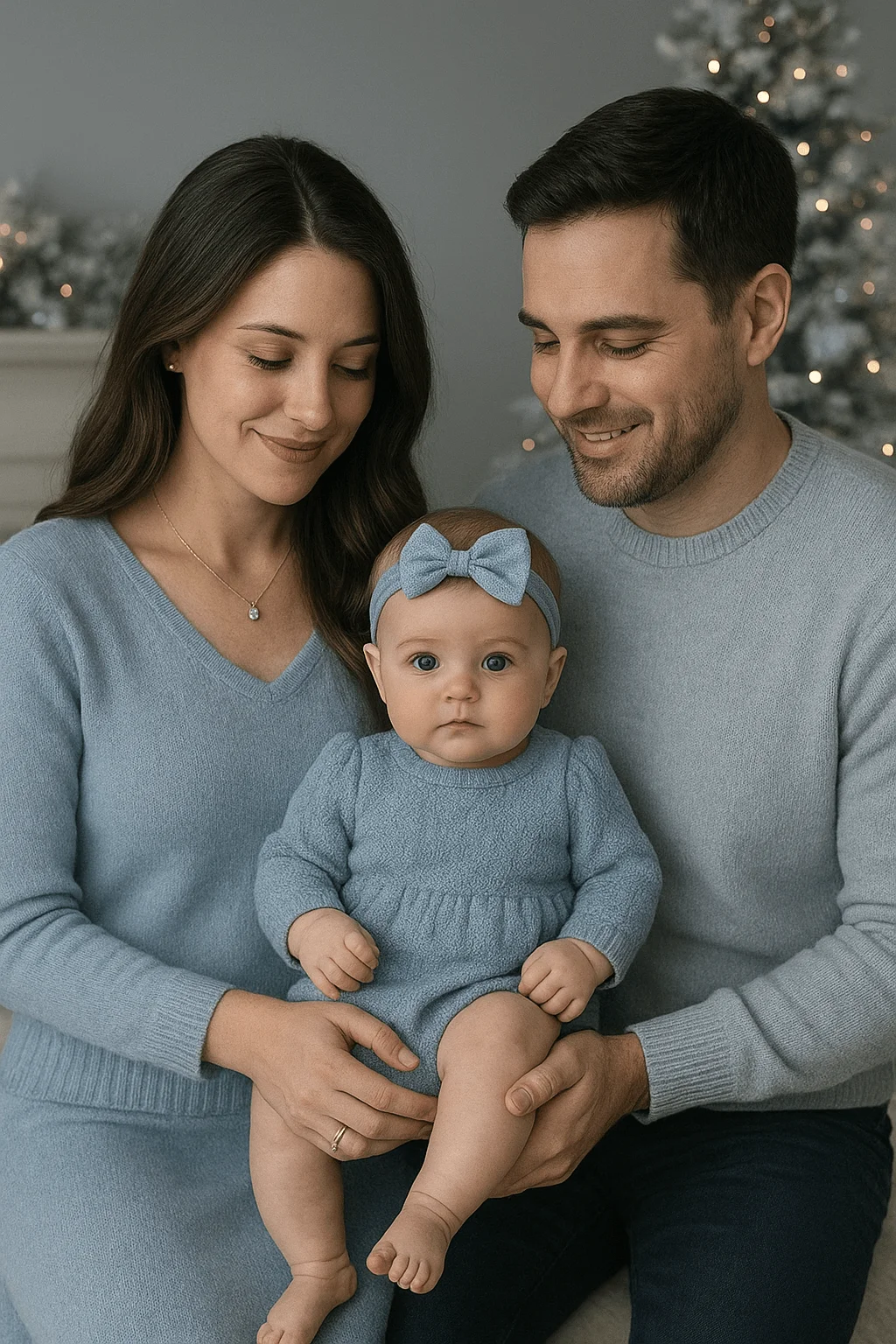 Family dressed in coordinated soft blue outfits holding their baby in a matching blue knit dress and bow headband, seated in front of a softly lit Christmas tree with cool-toned holiday décor.