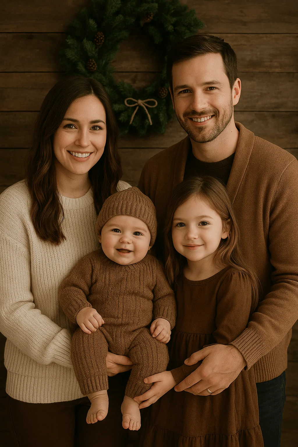 Family dressed in coordinated soft brown and cream earthy outfits posing indoors in front of a wooden backdrop with a holiday wreath, holding a smiling baby in a cozy knit romper.